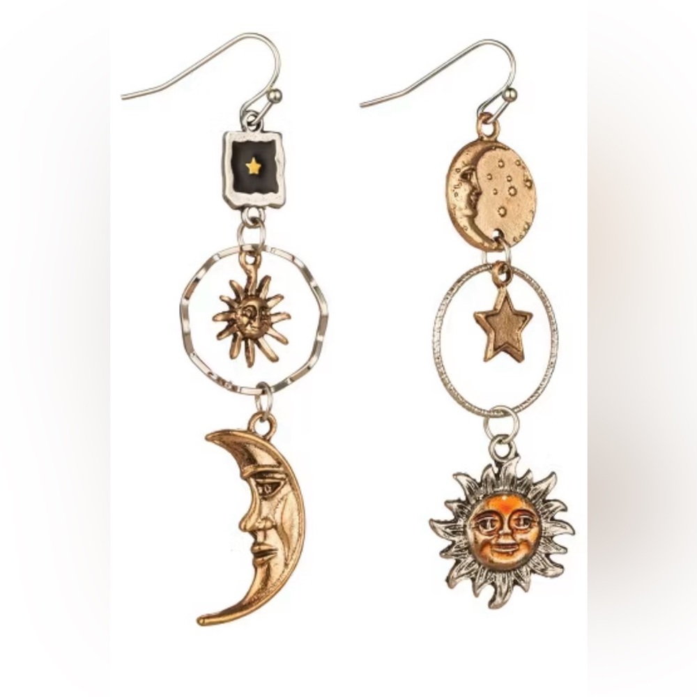 Sun, Moon & Star Dangle Earrings:
Greek Mythology Asymmetric Design